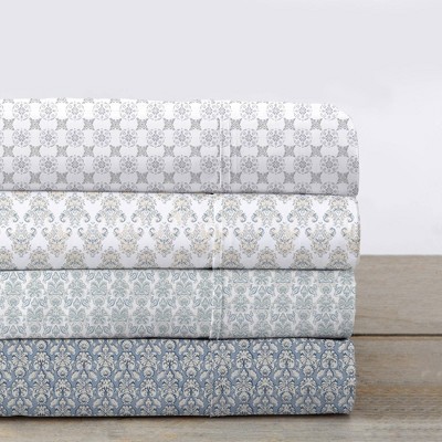 Queen White and Green Cotton Percale Floral Sheet Set