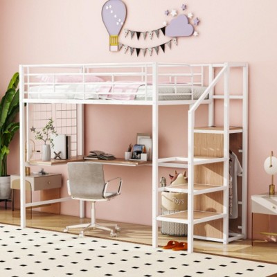 Twin Size Metal Loft Bed with Desk and Metal Grid, Stylish Metal Frame Bed with Lateral Storage Ladder and Wardrobe