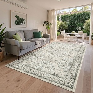 Washable Vintage  Medallion Rug Non Slip Low Pile Rug Soft RetroThrow Floor Cover Foldable Indoor Carpet for Living Room Bedroom Playroom Nursery - 1 of 4