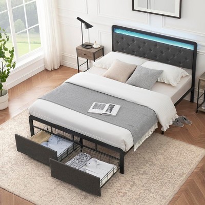 Queen Bed Frame with 2 Storage Drawers,LED Lights Upholstered Platform Bed with Heavy Duty Metal Slats,No Box Spring Needed, Noise Free,Easy Assembly