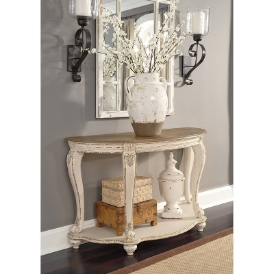 Realyn Demilune Sofa Table with Storage in Distressed White/Brown