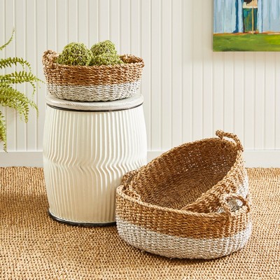 Natural and White Seagrass Shallow Storage Baskets with Handles, Set of 3