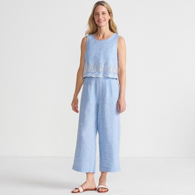 Lands' End Women's Linen Sleeveless Embroidered Jumpsuit