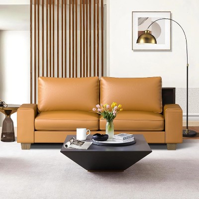 Elegant Faux Leather Sofa with Side Pockets and Comfortable Cushions