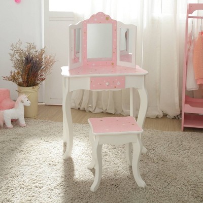 Gisele Blush Pink Star Print Kids Vanity Set with Bench