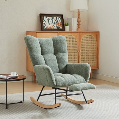Image of Nursery Rocking Chair with Foot Rest, Upholstered Glider Chair with High Backrest, Reading Chair with Pocket for Living Room Bedroom Office Green