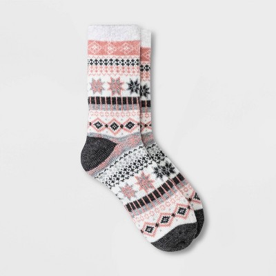 Women's Fair Isle Double Lined Cozy Crew Socks - A New Day™ Pink/Heather Gray 4-10