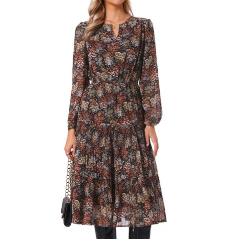 Женские платья INSPIRE CHIC Women's Chiffon Floral Fall Long Sleeve Flowy Pleated Midi Dresses Small Black