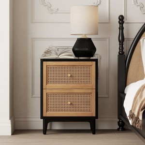 JIONJOY Distressed Rattan Nightstand - Fully Assembled 2-Drawer Boho Bedside Table with Brass Knobs & Woven Cane Fronts - 1 of 4