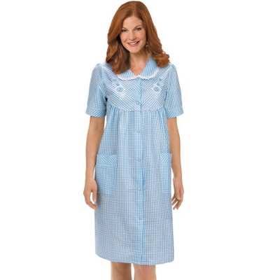 Collections Etc Collections Etc. Gingham Women's Robe with Floral Accents, Snap-Front Closure and Lace Trim