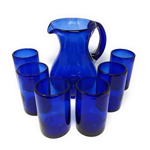 Dos Sueños Mexican Hand Blown Glassware Combo Set - Pure Cobalt Design Pitcher and Drinking Glasses - 1 of 4