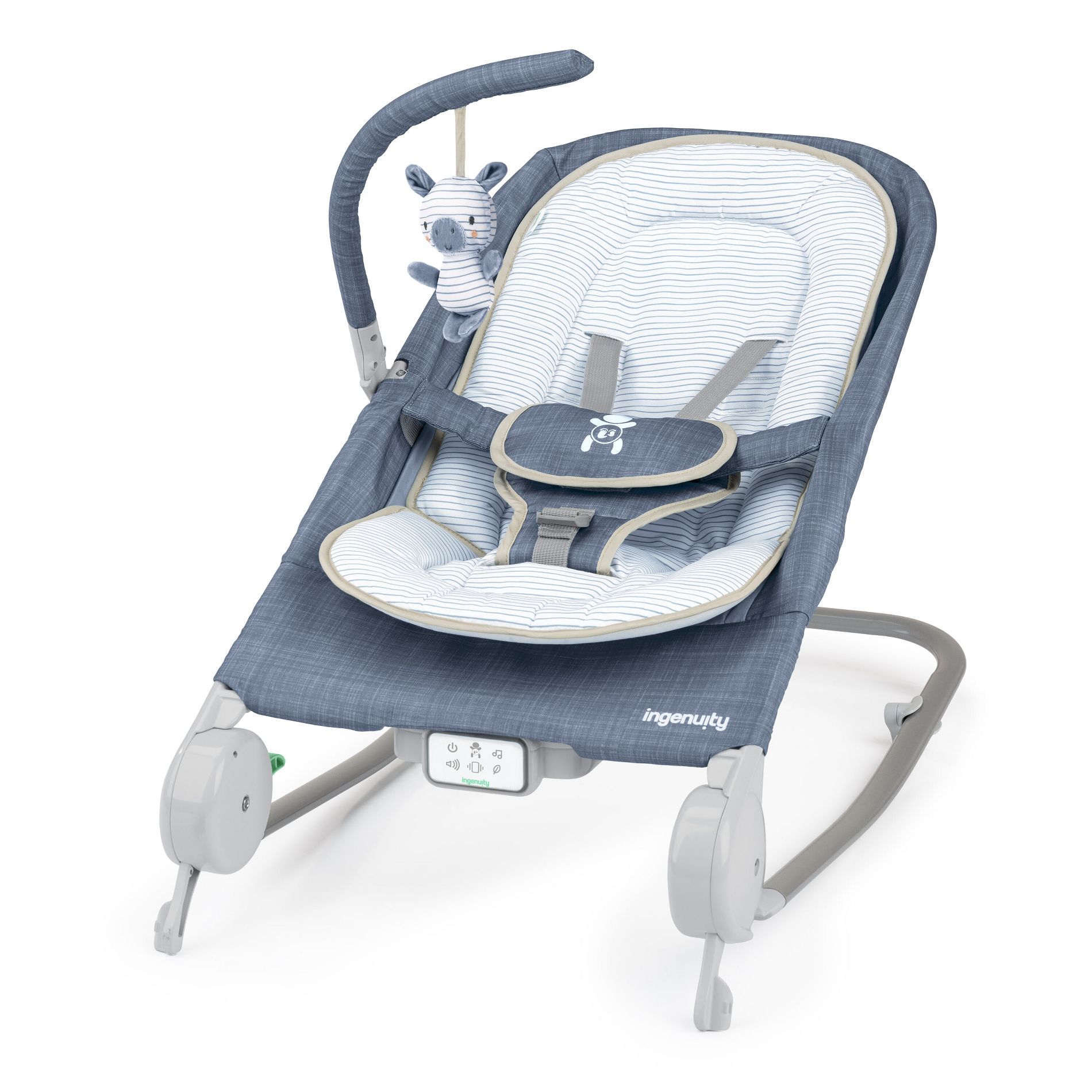 Ingenuity 2-in-1 Happy Belly Rock To Bounce Massage Baby Seat - Chambray: Detachable Toy Bar, Calming Vibrations, 5-Point Harness