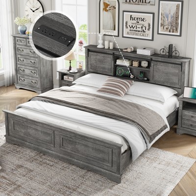 Farmhouse Sliding Barn Door Platform Bed Frame with Headboard