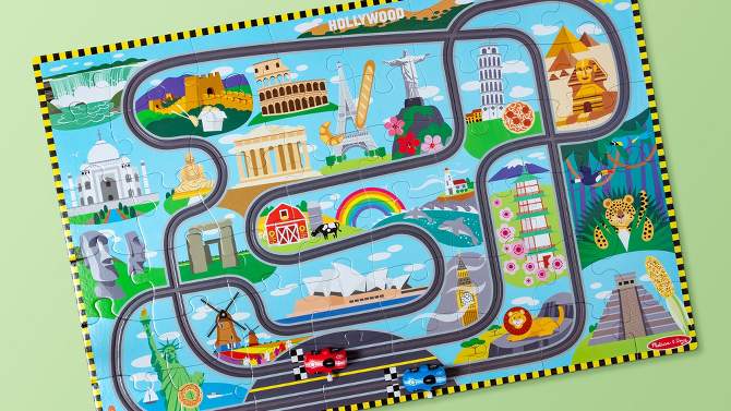 Melissa &#38; Doug Race Around the World Tracks Cardboard Jigsaw Floor Puzzle and Wind-Up Vehicles &#8211; 48pc, 2 of 13, play video