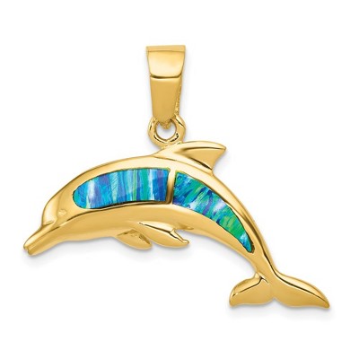 Black Bow Jewelry 14k Yellow Gold and Imitation Opal Dolphin Pendant
