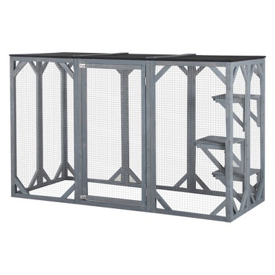 Large Gray Wooden Outdoor Cat House with Asphalt Roof