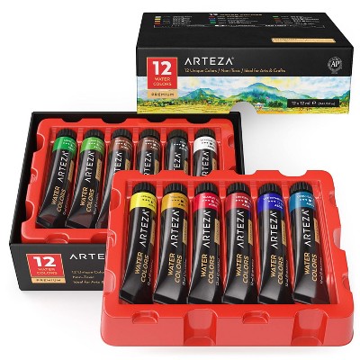 Arteza Professional Watercolor Artist Paint Set, 12ml Tubes, Assorted Colors, Non-Toxic - 12 Pack (ARTZ-8157)