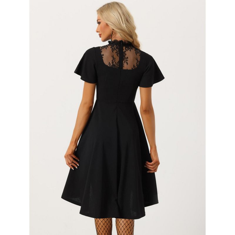 Allegra K Women's Lace Mesh Short Sleeve Ruffle Neck High Low Gothic Dress, 3 of 6