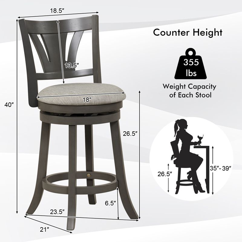 Costway 26.5'' Swivel Bar Stool Counter Height with Curved Backrest & Rubber Wood Legs, 3 of 10