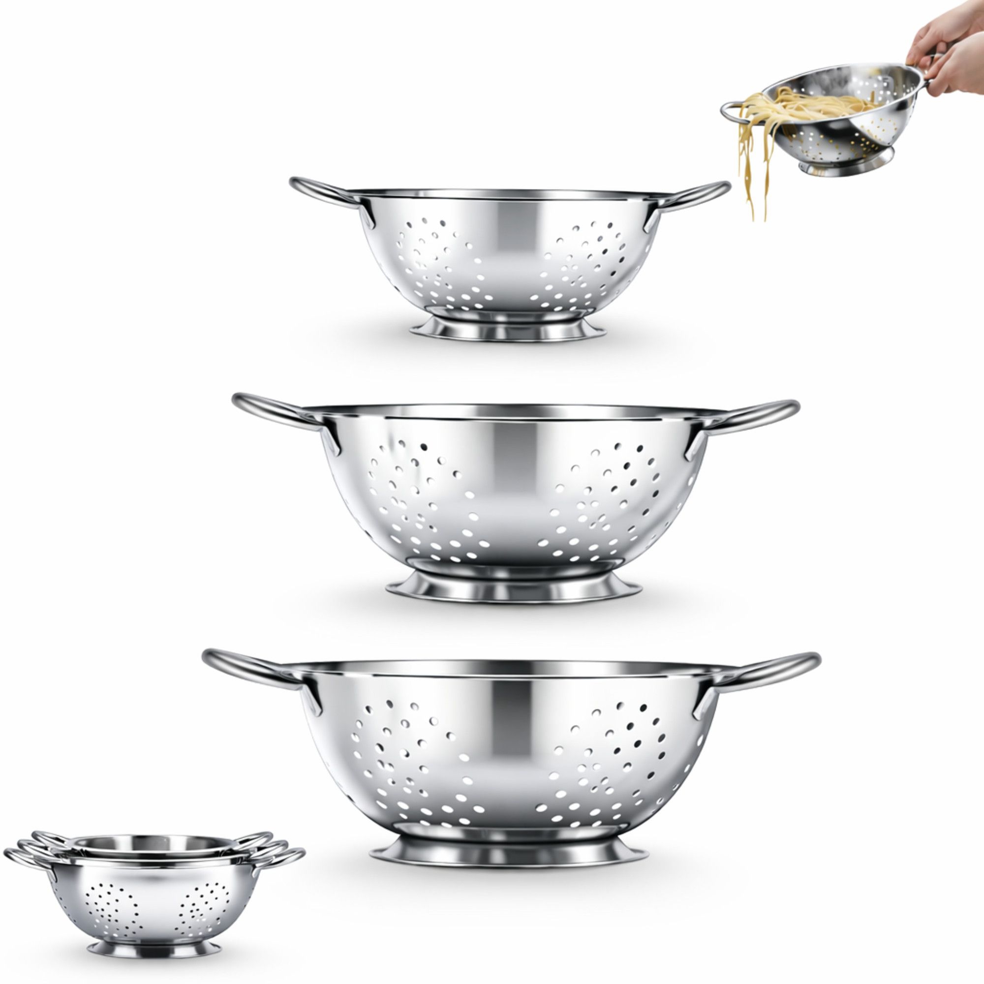 Amco 3-Piece Stainless Steel Colander Set - Multiple Sizes - 1.5, 3, 5 Quart - Durable, Professional Grade Design with Handles for Easy Transfer