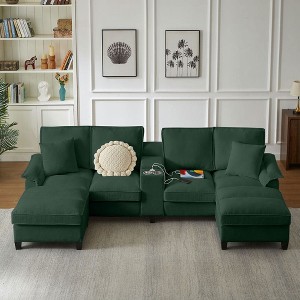 Resenkos 120" U-Shaped Sectional Sofa Bed, 4-Seater Corduroy with Storage and Cup Holders, - 1 of 4