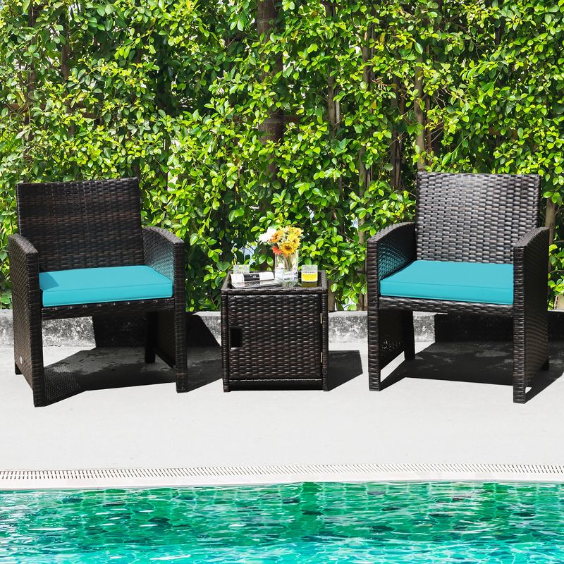 Costway 3PCS Patio Wicker Furniture Set Storage Table W/Protect Cover Cushioned, 1 of 11