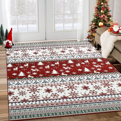 Christmas Washable Area Rug, Non Slip Low Pile Holiday Living Room Bedroom Carpet with Rubber Backing Accent Rug, Red