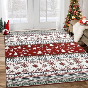 Christmas Washable Area Rug, Non Slip Low Pile Holiday Living Room Bedroom Carpet with Rubber Backing Accent Rug, Red - 1 of 4