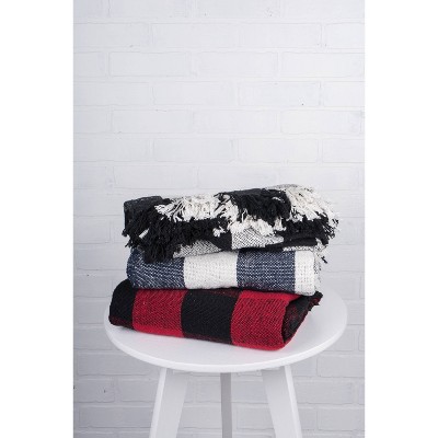 Black and White Cotton Buffalo Check Throw Blanket with Tassels