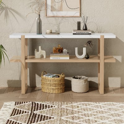 Narrow Console Table with Marble-Effect Top, Retro Entryway Table with Open Shelf, Sofa Table for Entryway - Leovsnove