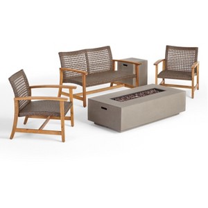 Christopher Knight Home Augusta Outdoor Acacia Wood and Wicker 4 Seater Chat Set with Fire Pit - 1 of 4