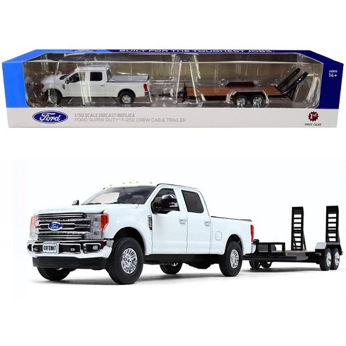 Ford F 250 Crew Cab Super Duty Pickup Truck White Tandem Axle Tag Trailer Black 150 Diecast Model Car By First Gear