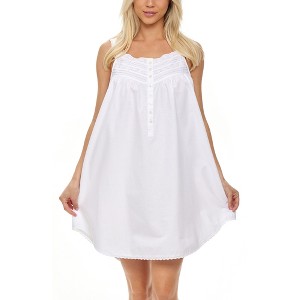 ADR Women's Cotton Nightgown, Sleeveless Lace Trimmed Button Up Short Vintage Night Dress Gown - 1 of 4