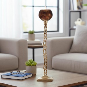 Glam Aluminum and Glass Pillar and Taper Candle Holder with Structural Square Chain Stem and Decorative Globe Cup on Square Base - 1 of 4