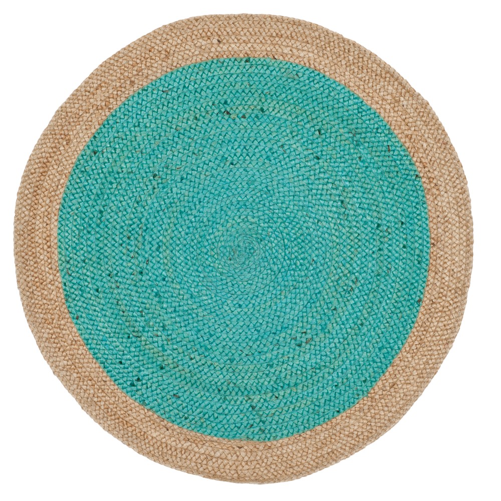 Teal/Natural Solid Woven Round Accent Rug 3'