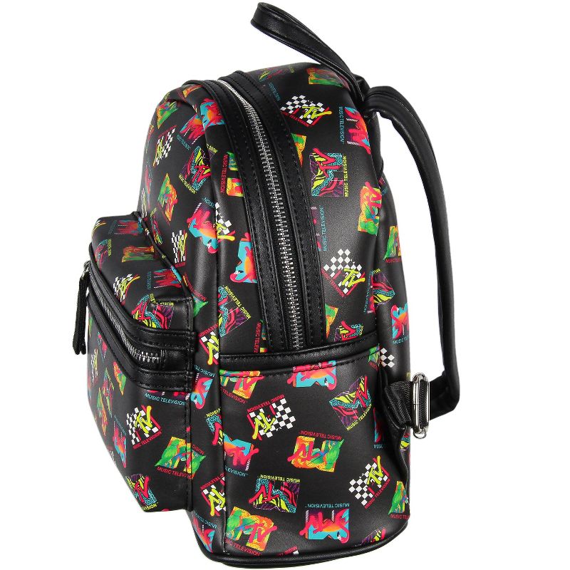MTV Music Television '80s Logo Tossed Print Zippered Mini Small Backpack Bag Black, 3 of 8