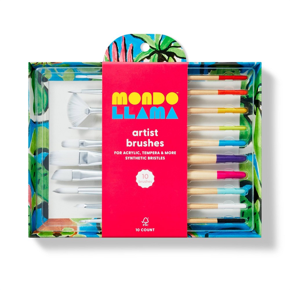 10pc Artist Paintbrush Set - Mondo Llama™: Nylon & Wood, Watercolor, Oil, Tempera, Acrylic, Bright, Fan, Round, Angle