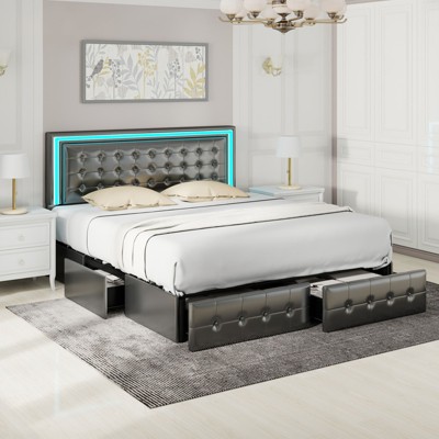 CAVINAS Full/King Size Modern Platform Bed Frame with LED Lights Headboard & 4 Storage Drawers,No Box Spring Needed