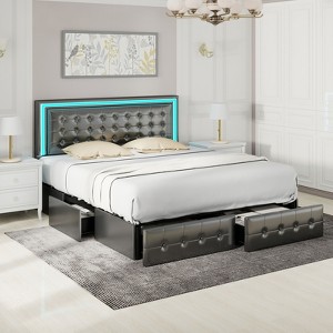 CAVINAS Full/King Size Modern Platform Bed Frame with LED Lights Headboard & 4 Storage Drawers,No Box Spring Needed - 1 of 4
