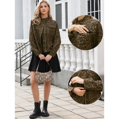 INSPIRE CHIC Women's Long Sleeve Stand Up Collar Leopard Casual Lightweight Button Down Jackets Medium Brown — фото 2