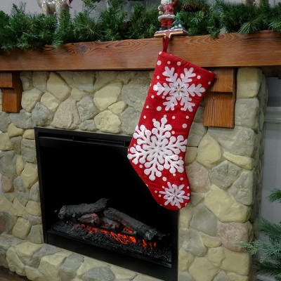 20" Red Christmas Stocking with Snowflake Embroidery and Bead Detail