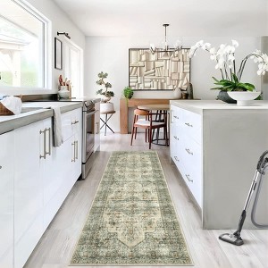 Machine Washable Faux Wool Vintage Floral Printed Area Rug Ultra Thin Low Pile Non Slip Non Shedding Indoor Carpet - 1 of 4