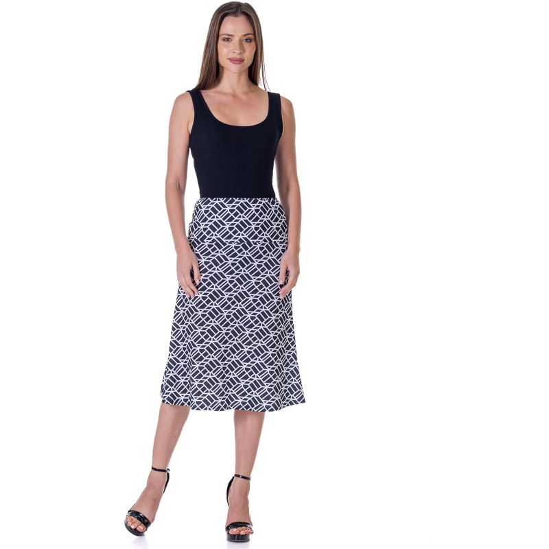 24seven Comfort Apparel Black Geometric Print Comfortable Elastic Waist Knee Length Skirt, 4 of 7