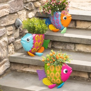 Evergreen Metal fish planter Green, Blue ,Pink - 1 of 4