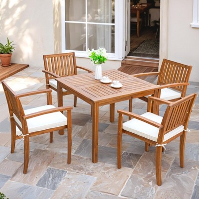 Generic 5 Piece Outdoor Dining Set Acacia Wood Patio Table and Chairs with Soft Cushions Patio Furniture for Deck, Backyard, Garden