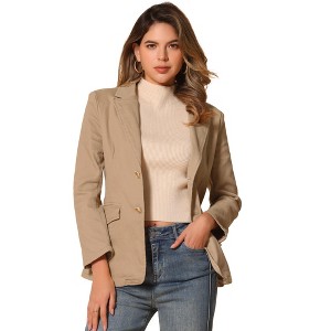 Allegra K Women's Notched Lapel Denim Single Breasted Shoulder Pad Business Casual Blazer - 1 of 4