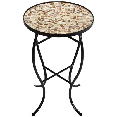 Mother of Pearl Mosaic Black Iron Outdoor Accent Tables Set of 2