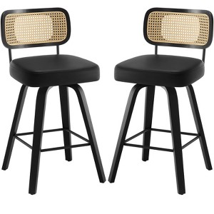 Bekrvio Swivel Counter Height Bar Stools - 26" Faux Leather Upholstered with Rattan Back, Black Wood Frame for Kitchen Island - 1 of 4