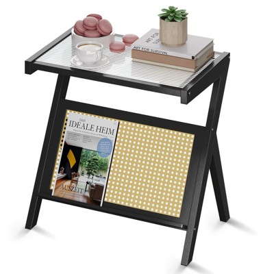 SKONYON End Table Bamboo Accent Side Table with Tempered Glass Top and Open Storage Shelf