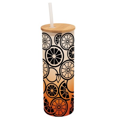 Elanze Designs Citrus Summer Lemon Lime Orange Wrap-Around Design 25 Ounce Frosted Gradient Glass On-The-Go Coffee Travel Skinny Tumbler Mug Cup,